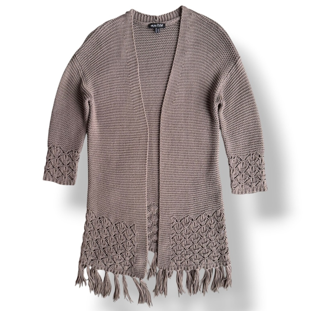 Marble Women's S Taupe Open Front Fringe Hem Pointelle Knit Duster Cardigan Boho